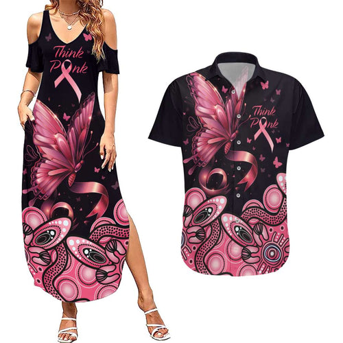 Think Pink Butterfly Ribbon Aboriginal Art Couples Matching Summer Maxi Dress and Hawaiian Shirt