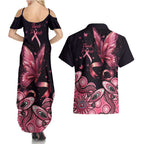 Think Pink Butterfly Ribbon Aboriginal Art Couples Matching Summer Maxi Dress and Hawaiian Shirt
