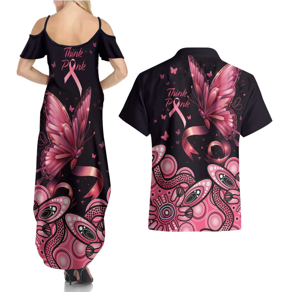 Think Pink Butterfly Ribbon Aboriginal Art Couples Matching Summer Maxi Dress and Hawaiian Shirt