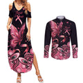 Think Pink Butterfly Ribbon Aboriginal Art Couples Matching Summer Maxi Dress and Long Sleeve Button Shirt