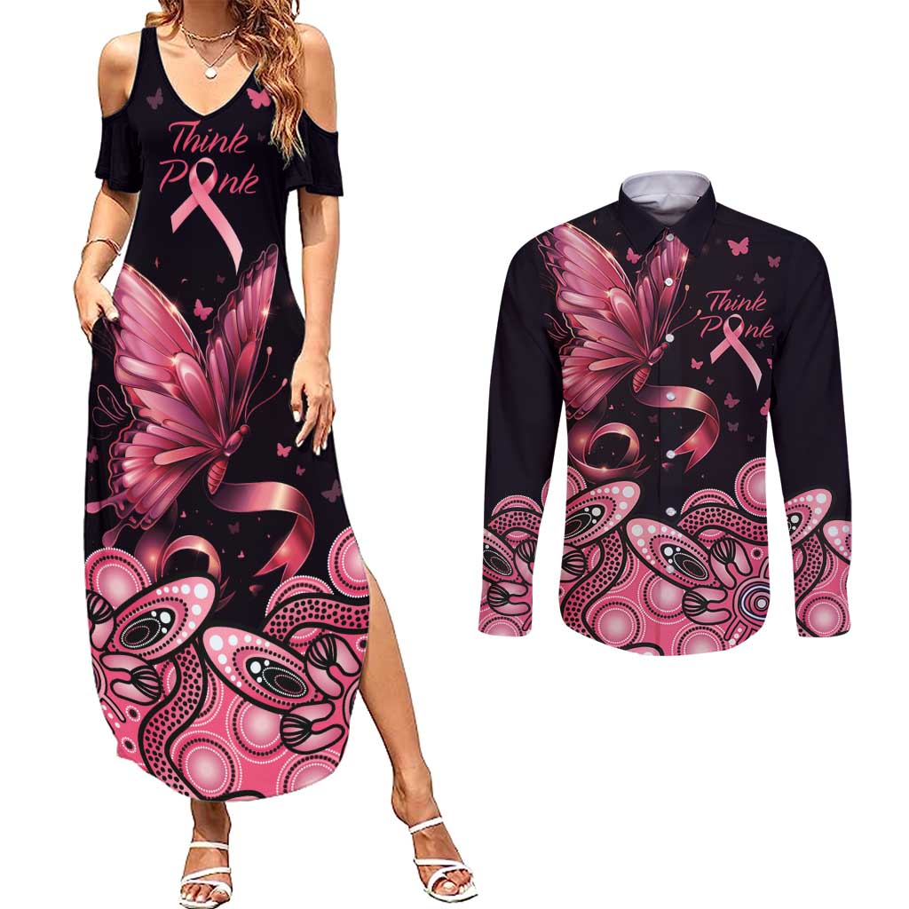 Think Pink Butterfly Ribbon Aboriginal Art Couples Matching Summer Maxi Dress and Long Sleeve Button Shirt