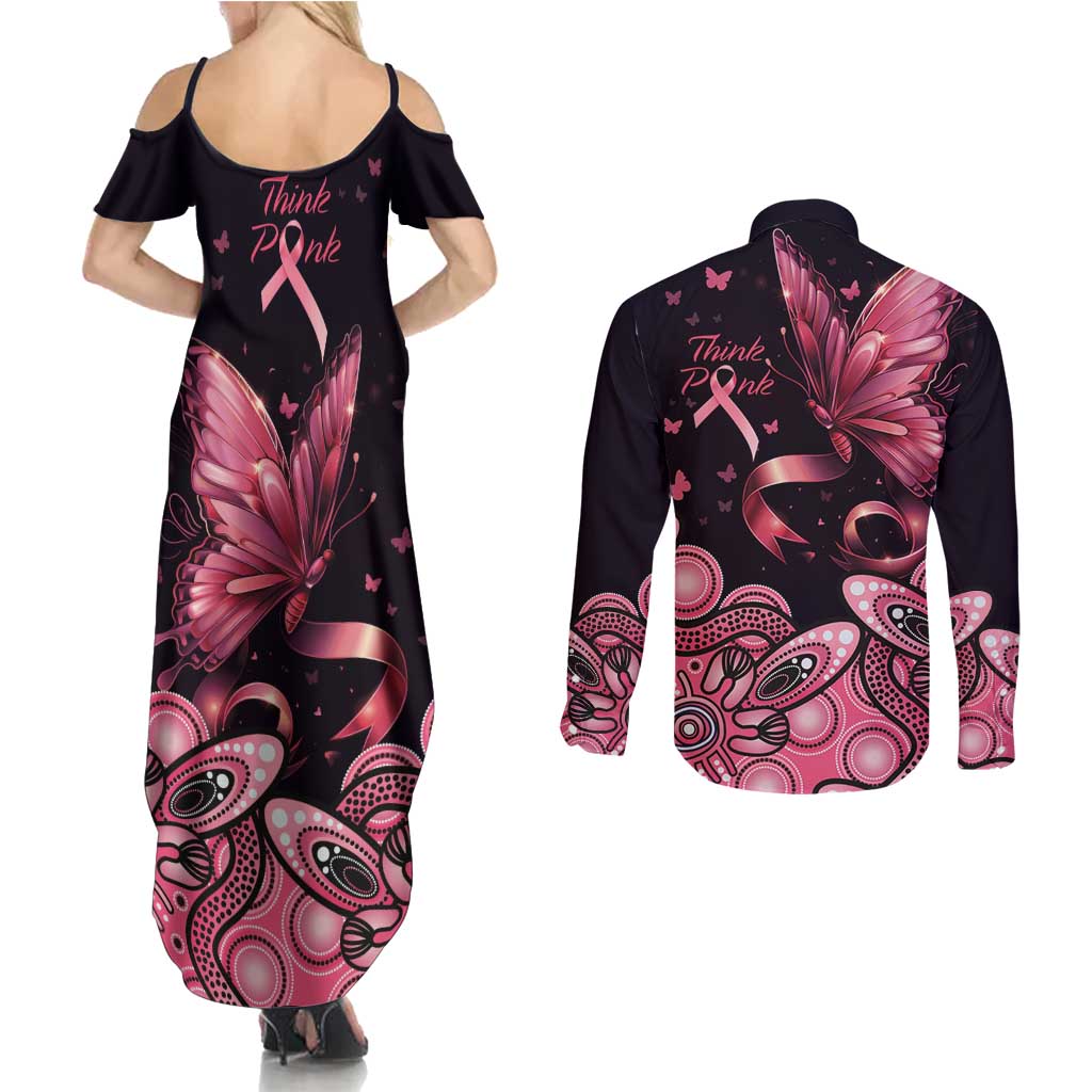 Think Pink Butterfly Ribbon Aboriginal Art Couples Matching Summer Maxi Dress and Long Sleeve Button Shirt