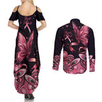 Think Pink Butterfly Ribbon Aboriginal Art Couples Matching Summer Maxi Dress and Long Sleeve Button Shirt