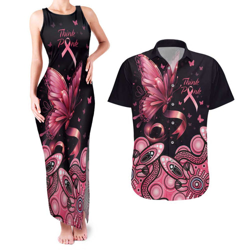 Think Pink Butterfly Ribbon Aboriginal Art Couples Matching Tank Maxi Dress and Hawaiian Shirt