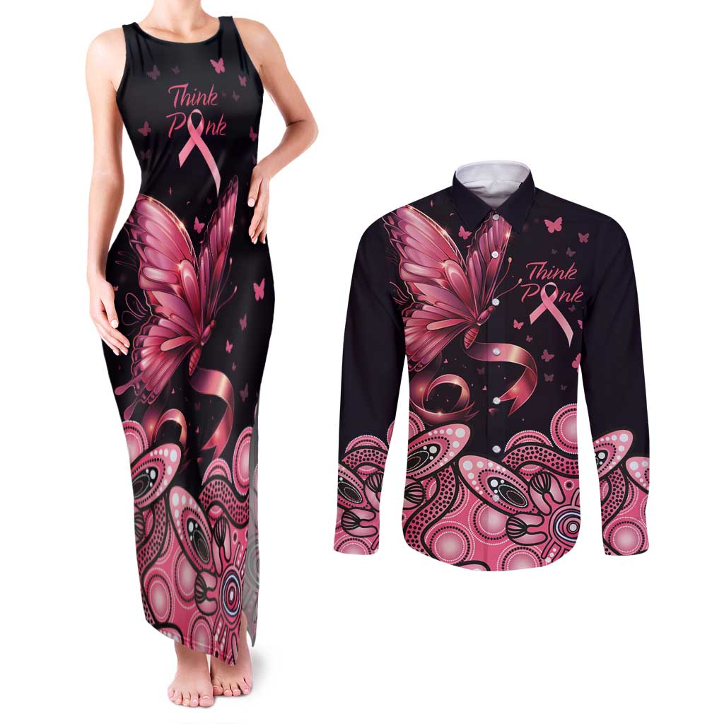 Think Pink Butterfly Ribbon Aboriginal Art Couples Matching Tank Maxi Dress and Long Sleeve Button Shirt