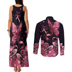 Think Pink Butterfly Ribbon Aboriginal Art Couples Matching Tank Maxi Dress and Long Sleeve Button Shirt