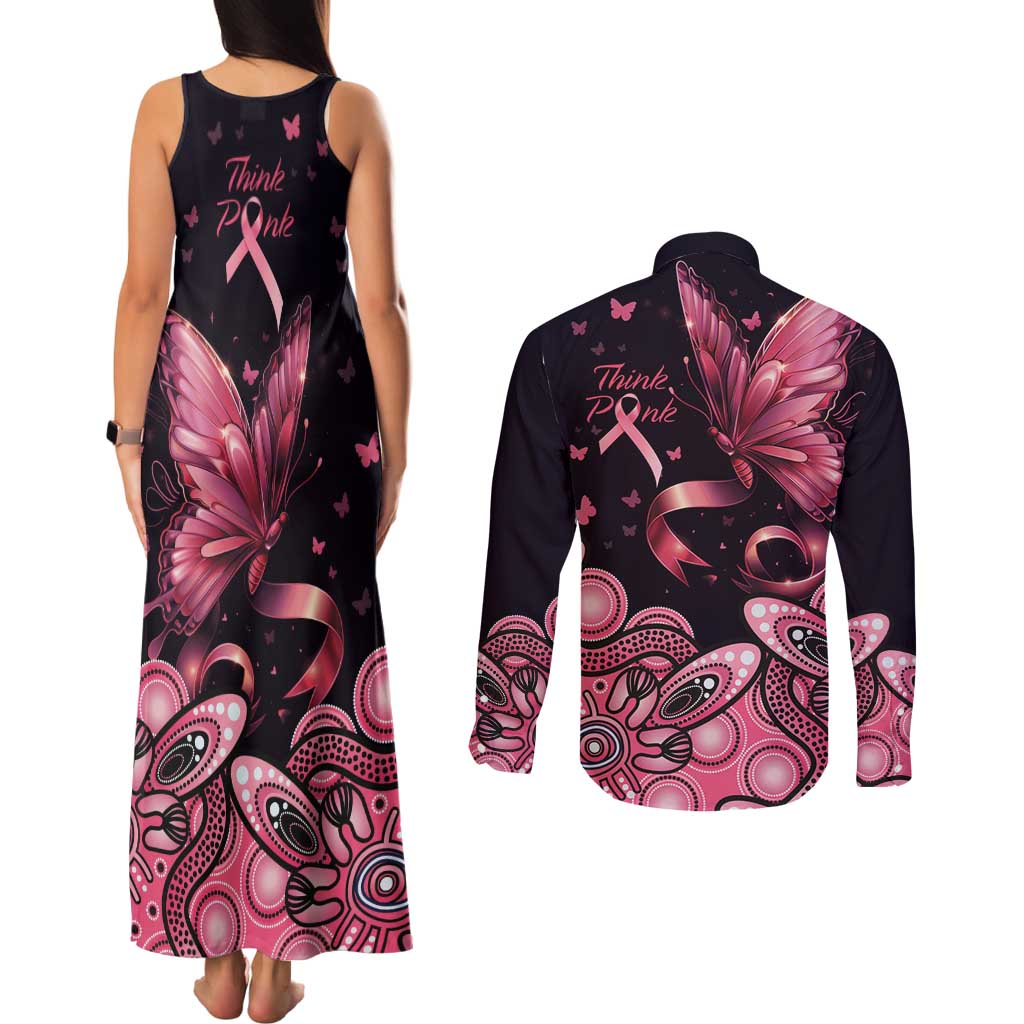 Think Pink Butterfly Ribbon Aboriginal Art Couples Matching Tank Maxi Dress and Long Sleeve Button Shirt