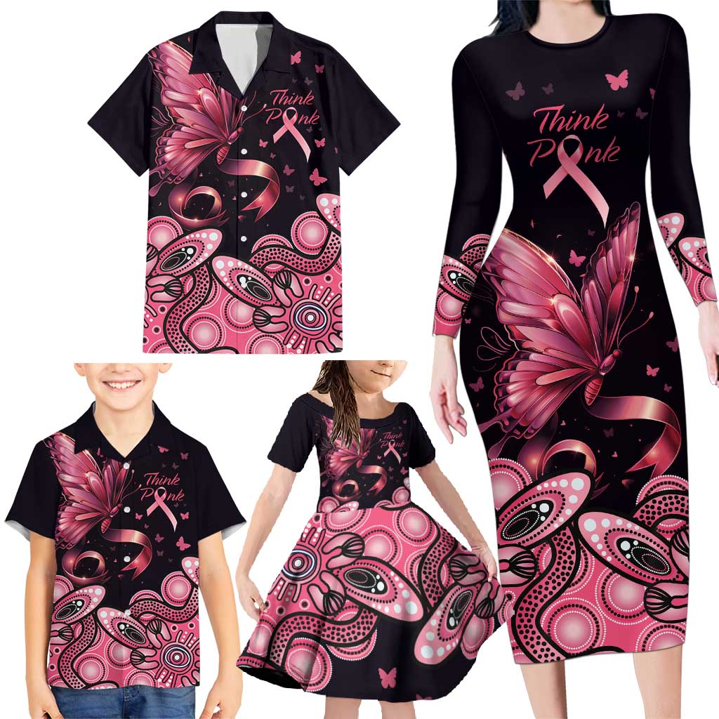 Think Pink Butterfly Ribbon Aboriginal Art Family Matching Long Sleeve Bodycon Dress and Hawaiian Shirt