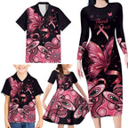 Think Pink Butterfly Ribbon Aboriginal Art Family Matching Long Sleeve Bodycon Dress and Hawaiian Shirt