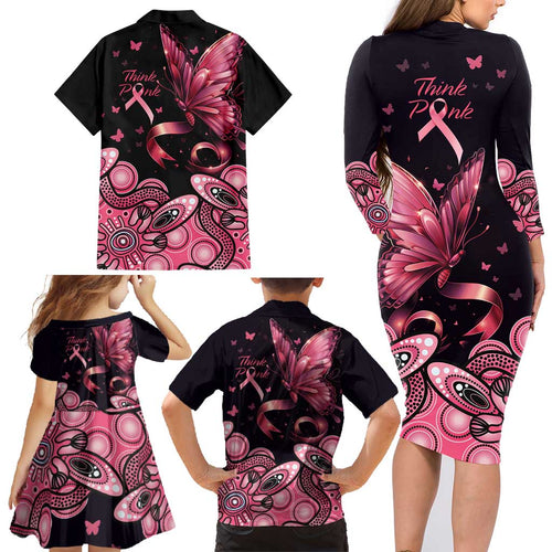 Think Pink Butterfly Ribbon Aboriginal Art Family Matching Long Sleeve Bodycon Dress and Hawaiian Shirt