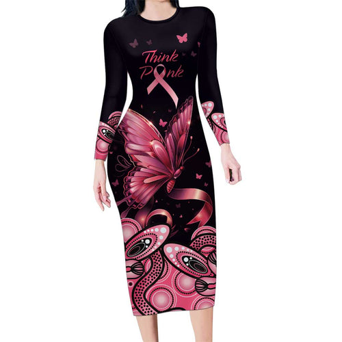 Think Pink Butterfly Ribbon Aboriginal Art Family Matching Long Sleeve Bodycon Dress and Hawaiian Shirt