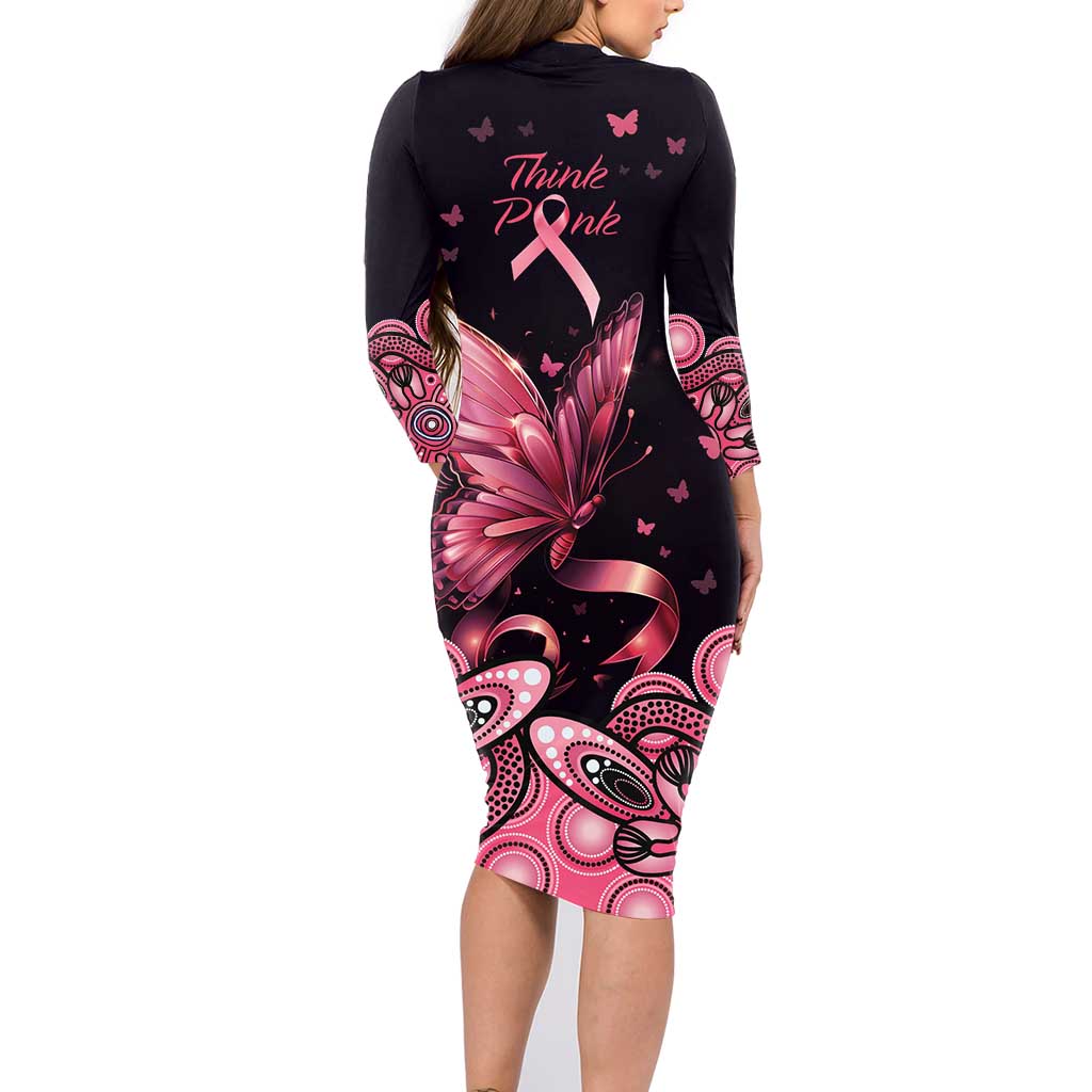 Think Pink Butterfly Ribbon Aboriginal Art Family Matching Long Sleeve Bodycon Dress and Hawaiian Shirt