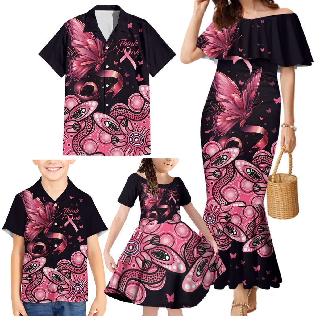Think Pink Butterfly Ribbon Aboriginal Art Family Matching Mermaid Dress and Hawaiian Shirt