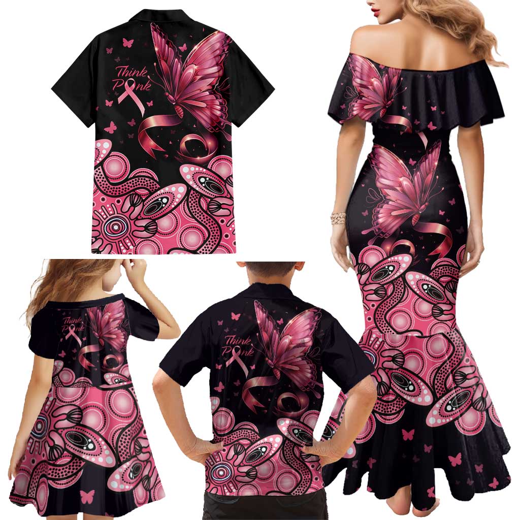 Think Pink Butterfly Ribbon Aboriginal Art Family Matching Mermaid Dress and Hawaiian Shirt