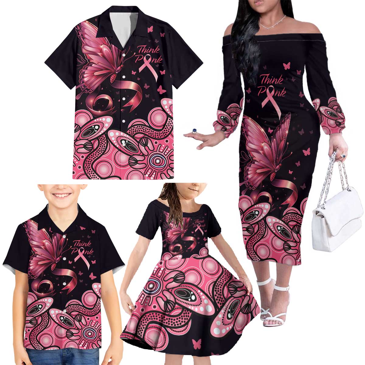 Think Pink Butterfly Ribbon Aboriginal Art Family Matching Off The Shoulder Long Sleeve Dress and Hawaiian Shirt