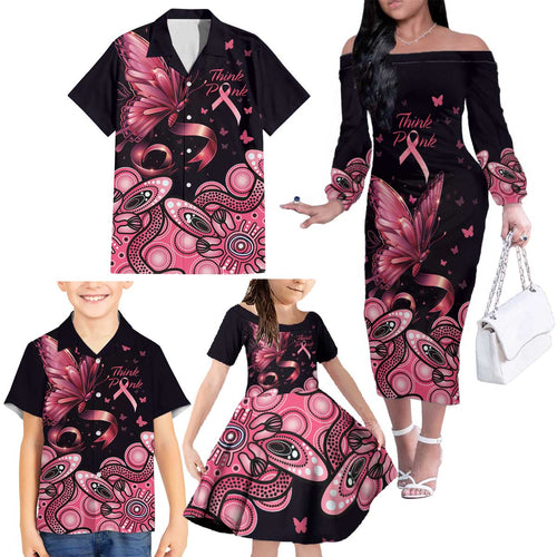 Think Pink Butterfly Ribbon Aboriginal Art Family Matching Off The Shoulder Long Sleeve Dress and Hawaiian Shirt
