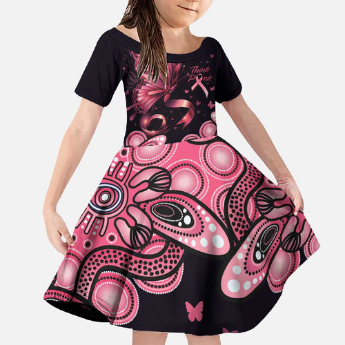 Think Pink Butterfly Ribbon Aboriginal Art Family Matching Off The Shoulder Long Sleeve Dress and Hawaiian Shirt
