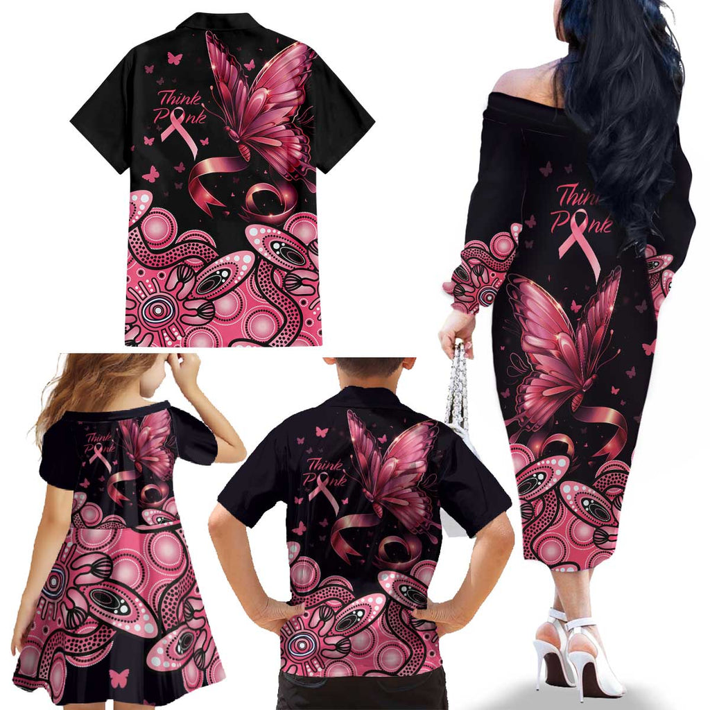 Think Pink Butterfly Ribbon Aboriginal Art Family Matching Off The Shoulder Long Sleeve Dress and Hawaiian Shirt