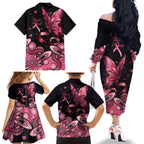 Think Pink Butterfly Ribbon Aboriginal Art Family Matching Off The Shoulder Long Sleeve Dress and Hawaiian Shirt