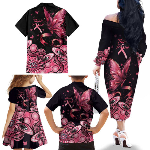 Think Pink Butterfly Ribbon Aboriginal Art Family Matching Off The Shoulder Long Sleeve Dress and Hawaiian Shirt