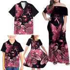 Think Pink Butterfly Ribbon Aboriginal Art Family Matching Off Shoulder Maxi Dress and Hawaiian Shirt