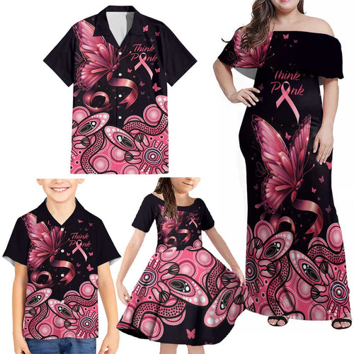 Think Pink Butterfly Ribbon Aboriginal Art Family Matching Off Shoulder Maxi Dress and Hawaiian Shirt