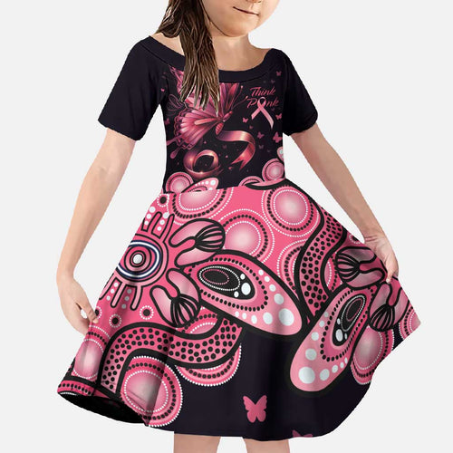 Think Pink Butterfly Ribbon Aboriginal Art Family Matching Off Shoulder Maxi Dress and Hawaiian Shirt