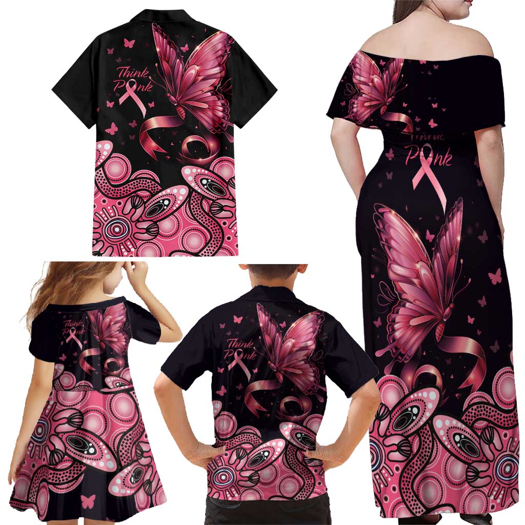 Think Pink Butterfly Ribbon Aboriginal Art Family Matching Off Shoulder Maxi Dress and Hawaiian Shirt