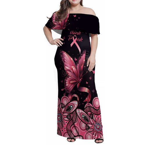 Think Pink Butterfly Ribbon Aboriginal Art Family Matching Off Shoulder Maxi Dress and Hawaiian Shirt