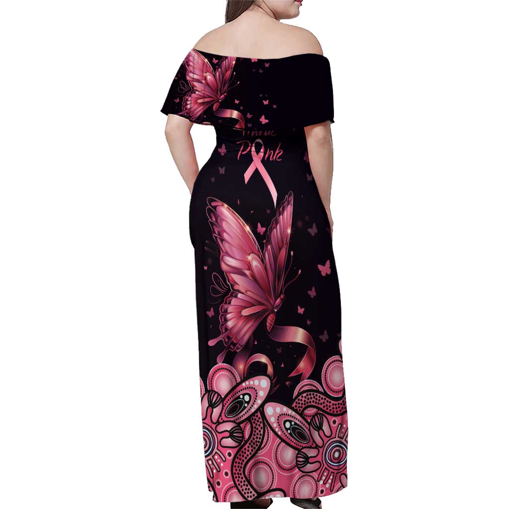 Think Pink Butterfly Ribbon Aboriginal Art Family Matching Off Shoulder Maxi Dress and Hawaiian Shirt