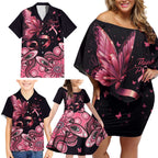 Think Pink Butterfly Ribbon Aboriginal Art Family Matching Off Shoulder Short Dress and Hawaiian Shirt
