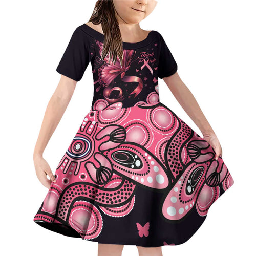 Think Pink Butterfly Ribbon Aboriginal Art Family Matching Off Shoulder Short Dress and Hawaiian Shirt