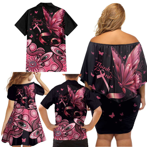 Think Pink Butterfly Ribbon Aboriginal Art Family Matching Off Shoulder Short Dress and Hawaiian Shirt
