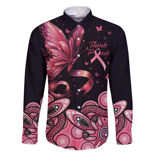 Think Pink Butterfly Ribbon Aboriginal Art Family Matching Off Shoulder Short Dress and Hawaiian Shirt