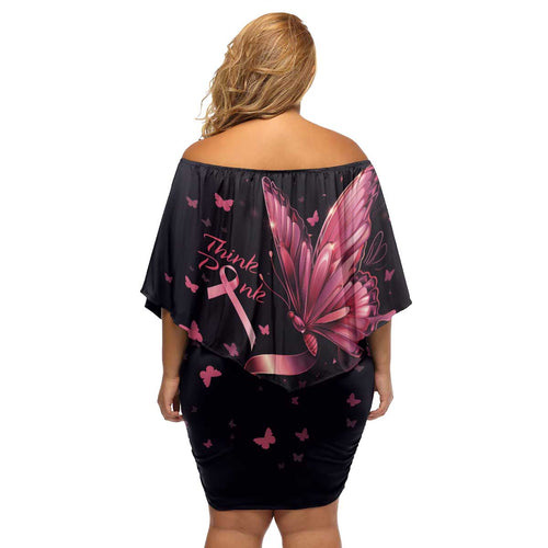 Think Pink Butterfly Ribbon Aboriginal Art Family Matching Off Shoulder Short Dress and Hawaiian Shirt