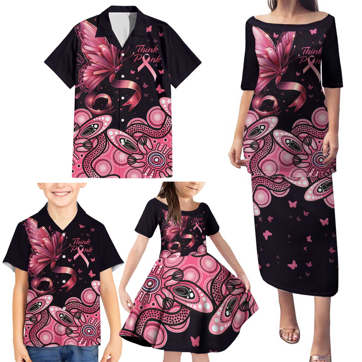Think Pink Butterfly Ribbon Aboriginal Art Family Matching Puletasi and Hawaiian Shirt