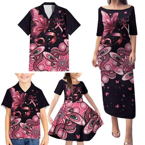 Think Pink Butterfly Ribbon Aboriginal Art Family Matching Puletasi and Hawaiian Shirt
