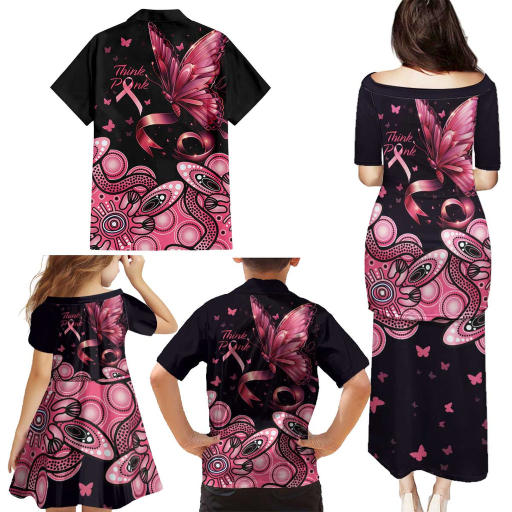 Think Pink Butterfly Ribbon Aboriginal Art Family Matching Puletasi and Hawaiian Shirt