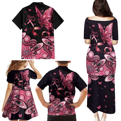 Think Pink Butterfly Ribbon Aboriginal Art Family Matching Puletasi and Hawaiian Shirt