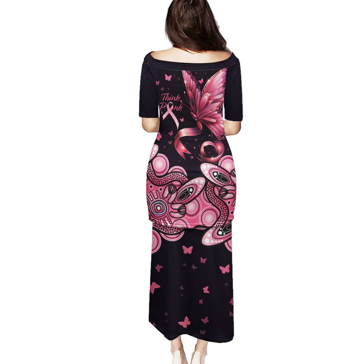 Think Pink Butterfly Ribbon Aboriginal Art Family Matching Puletasi and Hawaiian Shirt