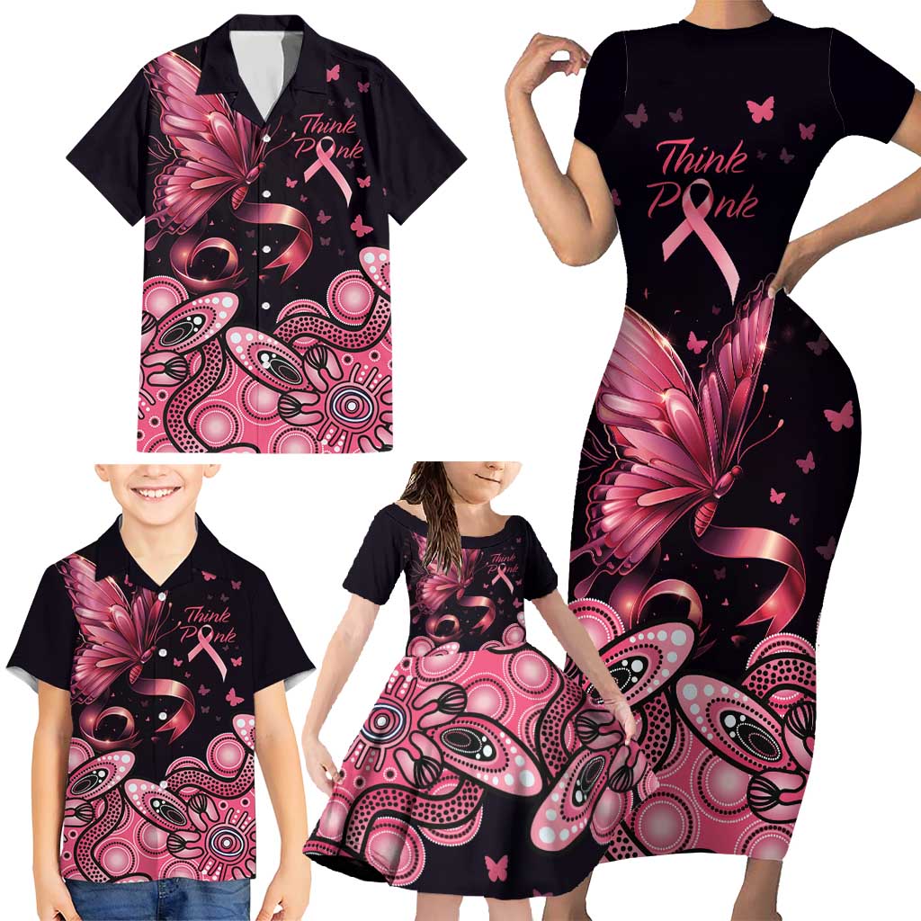 Think Pink Butterfly Ribbon Aboriginal Art Family Matching Short Sleeve Bodycon Dress and Hawaiian Shirt