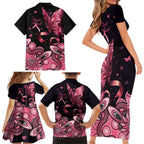 Think Pink Butterfly Ribbon Aboriginal Art Family Matching Short Sleeve Bodycon Dress and Hawaiian Shirt