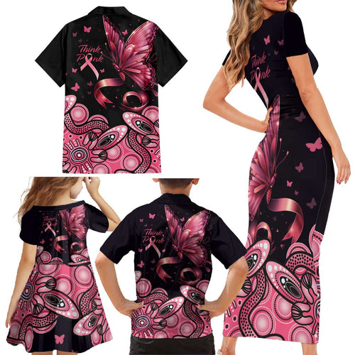 Think Pink Butterfly Ribbon Aboriginal Art Family Matching Short Sleeve Bodycon Dress and Hawaiian Shirt