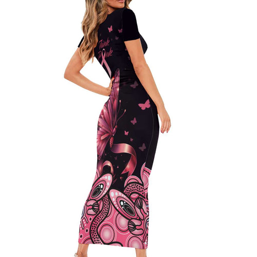 Think Pink Butterfly Ribbon Aboriginal Art Family Matching Short Sleeve Bodycon Dress and Hawaiian Shirt