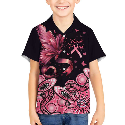 Think Pink Butterfly Ribbon Aboriginal Art Family Matching Short Sleeve Bodycon Dress and Hawaiian Shirt