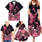 Think Pink Butterfly Ribbon Aboriginal Art Family Matching Summer Maxi Dress and Hawaiian Shirt