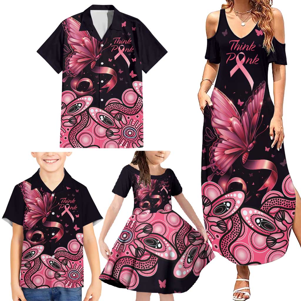 Think Pink Butterfly Ribbon Aboriginal Art Family Matching Summer Maxi Dress and Hawaiian Shirt