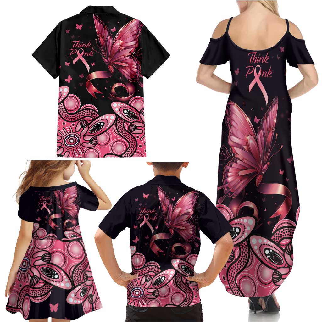 Think Pink Butterfly Ribbon Aboriginal Art Family Matching Summer Maxi Dress and Hawaiian Shirt