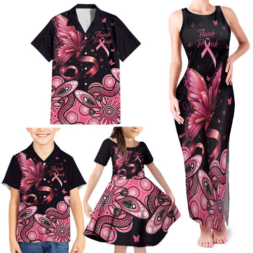 Think Pink Butterfly Ribbon Aboriginal Art Family Matching Tank Maxi Dress and Hawaiian Shirt