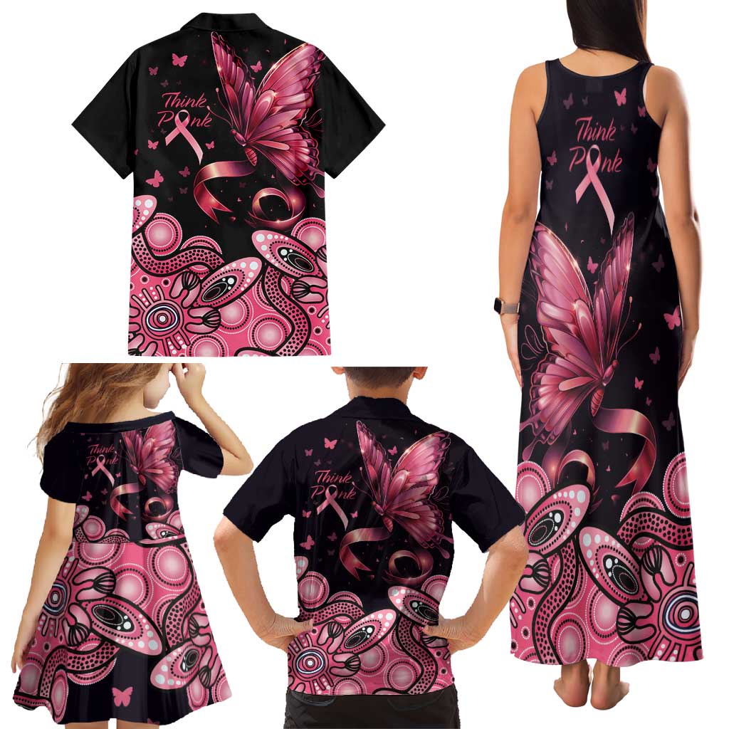 Think Pink Butterfly Ribbon Aboriginal Art Family Matching Tank Maxi Dress and Hawaiian Shirt